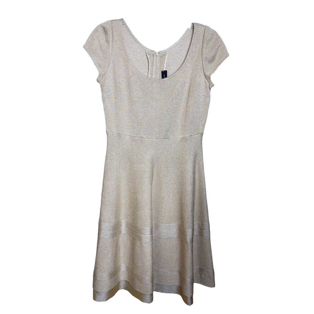 ST JOHN Gold Metallic Dress 8 Stretch Knit A-Line Quiet Luxury Wedding Guest - Picture 5 of 15